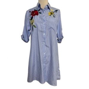 Floral Embroidered Blue Striped Mini Dress